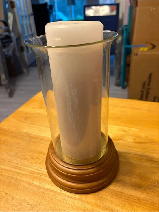 Wood Base Glass Hurricane with White Pillar Candle