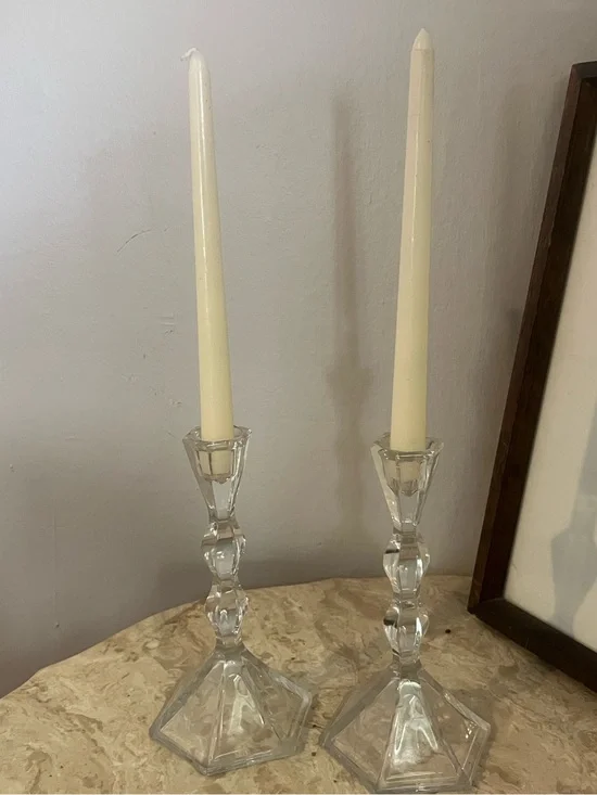 Clear Glass Taper Candle Holders with Cream Candles - Home Accents