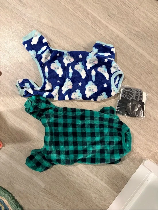 Blue Cloud Fleece Pet Onesie & Green Plaid Pet Jumpsuit, fit 20lb dog & booties