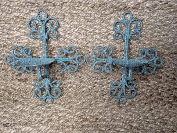 Vtg. Pair Of Metal Iron Cross Candle Holders Sconce Teal Blue Unique Home Decor