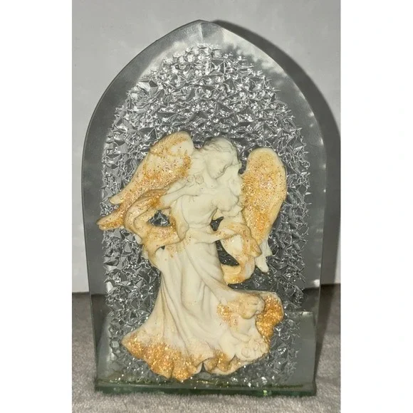 Candle‎ Holder Angel Cherub Baby Glass Decor Glitter 6x4