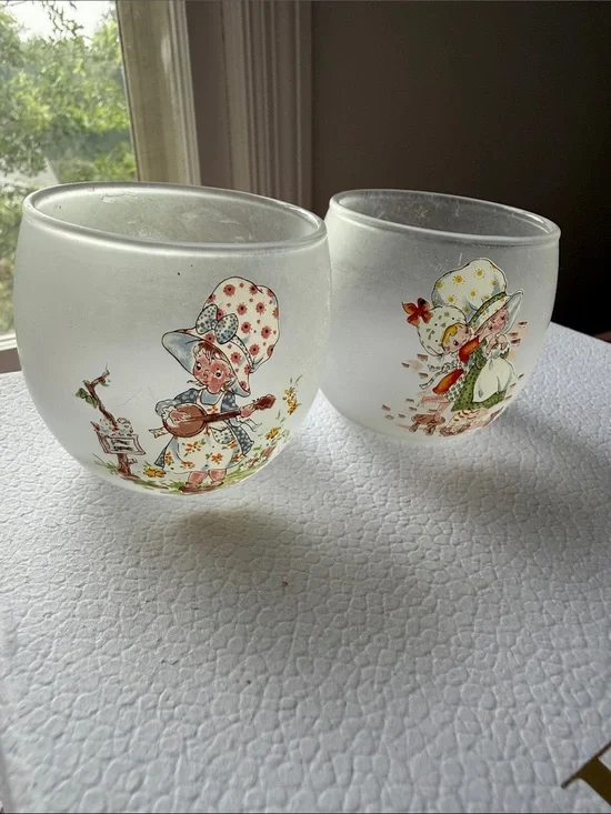 Vintage frosted glass tea light candle holders with a handmade doll design