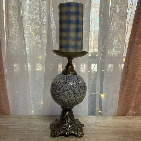 Metal Marble Candle Holder with Blue Plaid Candle