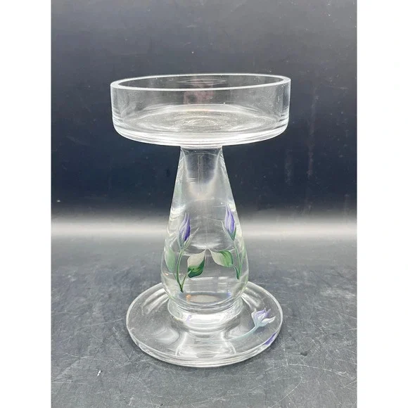 Vintage Clear Glass‎ Pillar Candle Holder Pedestal w/ Purple Flowers 5.5