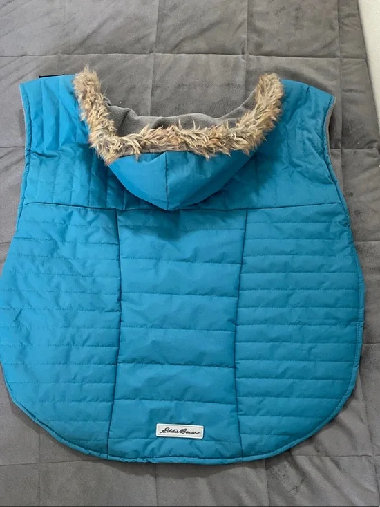 Eddie Bauer Teal Quilted Dog Jacket Faux Fur Trim Hood