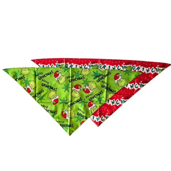 The Grinch Christmas Bandana 2 Pack Lot Holiday Pet Bandanas for Dogs & Cats NEW