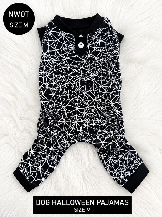 NWOT Dog Halloween Pajamas Size Medium Black Spider Web Print One Piece Pet PJs