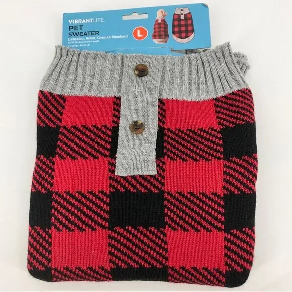 NEW VibrantLife Pet Sweater Size Large Red Plaid German Shepherd Labrador‎ Boxer