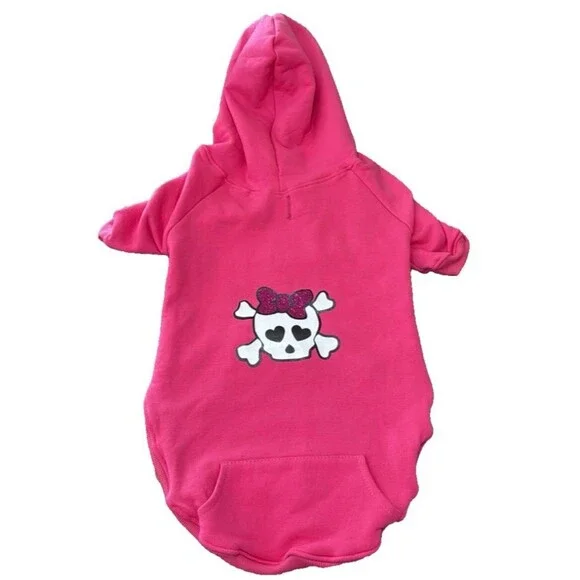 DOG HOODIE PINK FLEECE LINED HOOD POCKET SKULL GLITTER BOW GRAPHIC