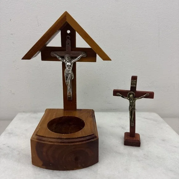 2 Vintage Wooden Crucifix Alter & Prayer Religious Candle Holder Made in USA