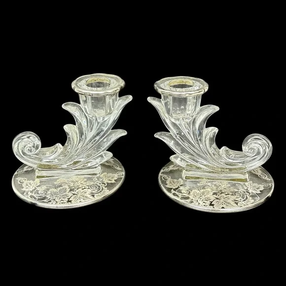 Fostoria Clear Glass Candlestick Set Sterling Silver Overlay Baroque Grapes Ivy
