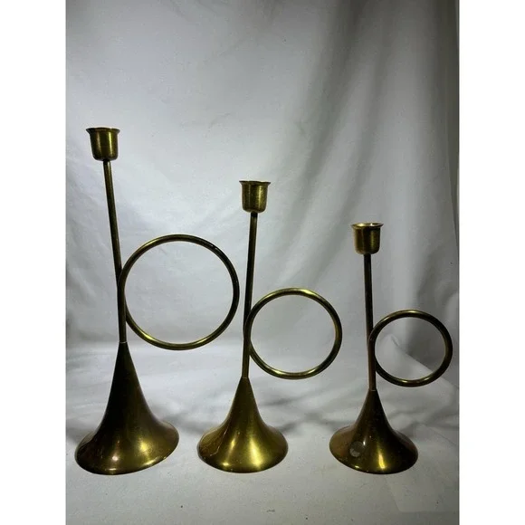 Vintage Brass CandleStick Holder French Horn Bugle Christmas Decor Set of 3 MCM