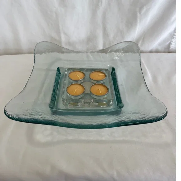 Hand Blown Slumped Glass Tealight Candle Holder Set Seafoam Blue Green 2 Piece