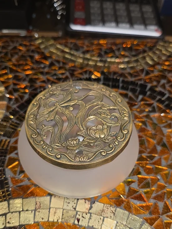 Silvestri Frosted White Glass Jar with Ornate Gold Lid