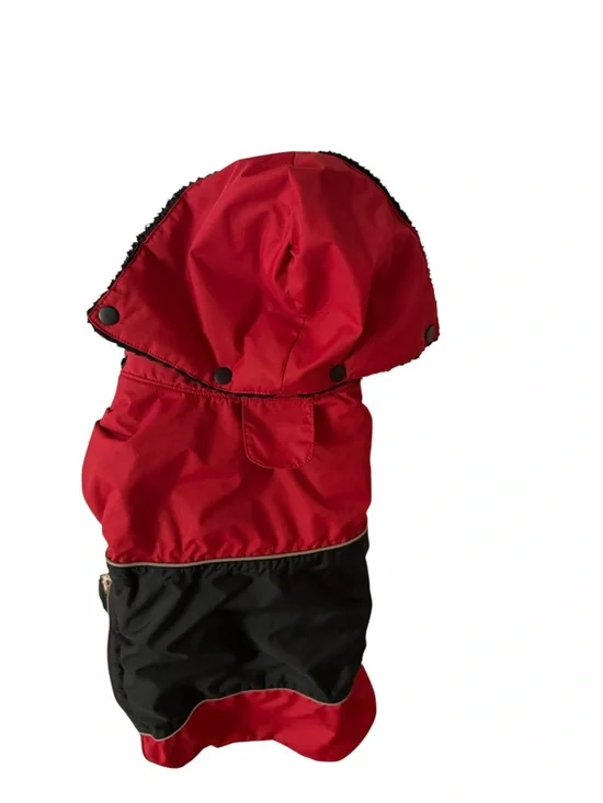 Red waterproof fleece lined dog coat Velcro closure at neck removable hood