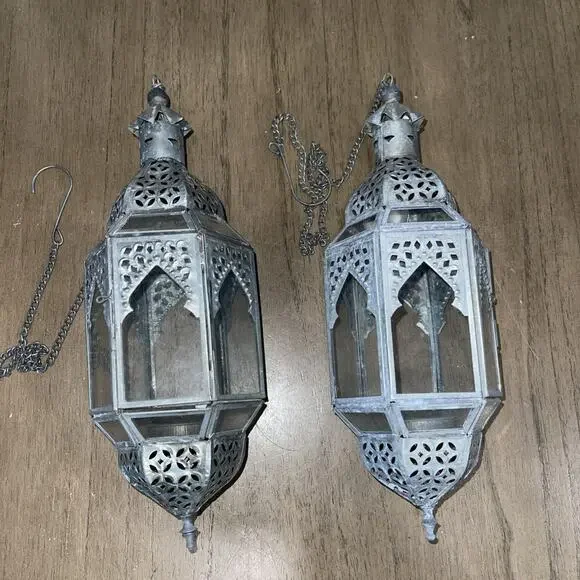 Vintage 2 Moroccan Style Hanging Metal Lantern Candle Holder Pierced Filigree