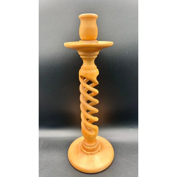 Vtg‎ Hand Turned Wood Barley Twist Candlestick Holder Open Spiral Signed 13