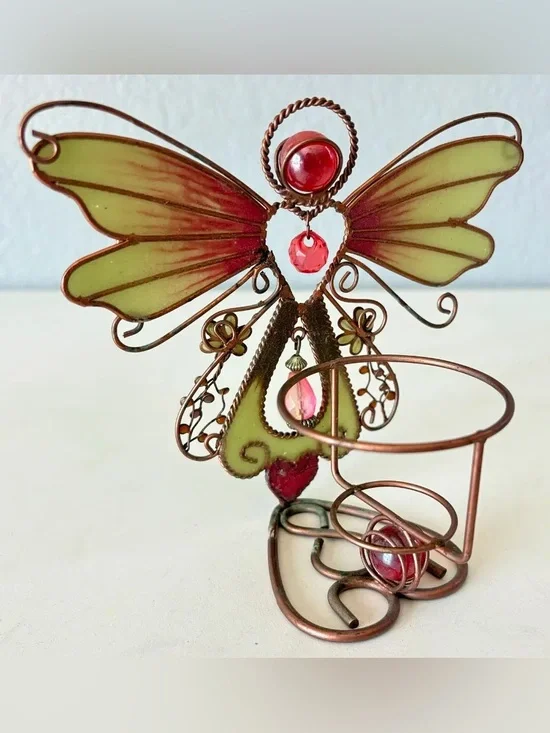 READ! Vintage 90s Gothic Whimsigoth Crimson Bronze Wire Frame Angel Tealight