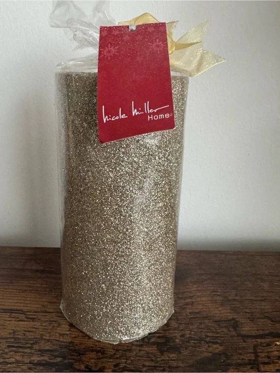 Nicole Miller Gold Glitter Pillar Candle and Trader Joe’s Candle