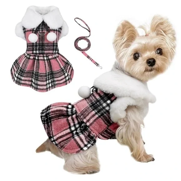 Plaid Dog Sweater with Leash - Pink and White NWT