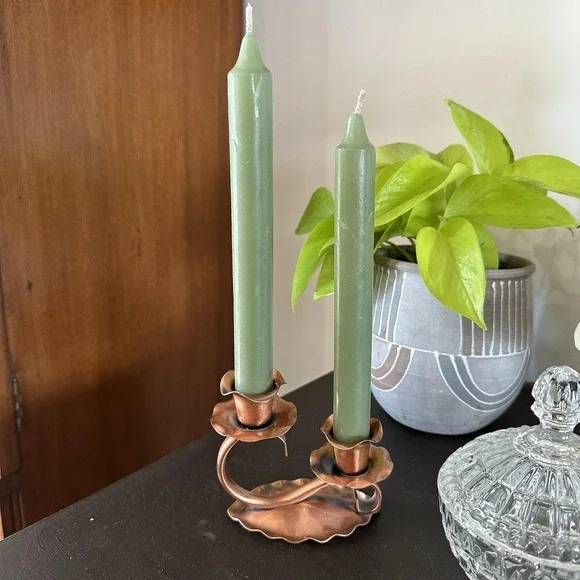 VTG Gregorian Solid Copper Double Candle Holder Scalloped Edge Cottagecore