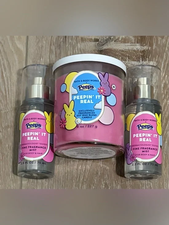 BATH & BODY WORKS PEEPS - PEEPIN IT REAL - MIST ( 2 ) 2.5 Oz. & 8 Oz. CANDLE NEW