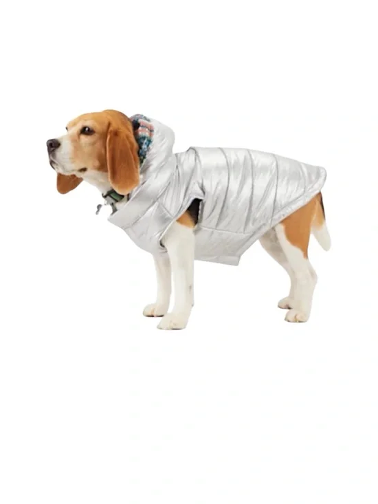 Silver Quilted Dog Puffer Waterproof Jacket with Removable Hood (NWOT)