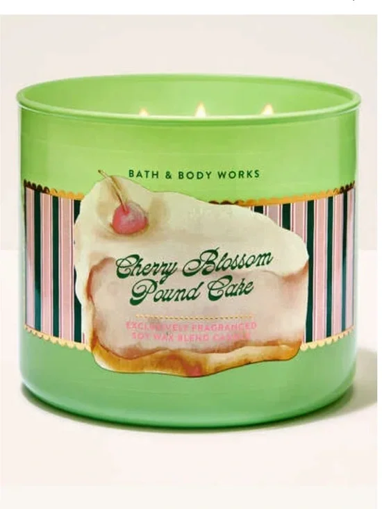 Bath & Body Works Cherry Blossom Pound Cake 3-Wick Candle - Green