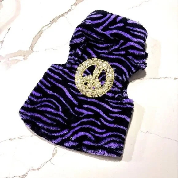 Fleece Dog Coat Jacket Sequins Peace Sign Tiger Striped Purple Black Gold Size S
