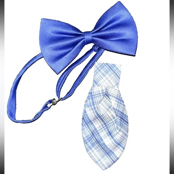 Dog Bow Tie Collar & Tie Adjustable Blue Plaid SMALL NWOT