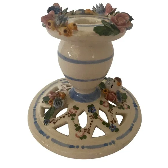 Naples Italy‎ Ceramic Candlestick Holder Applied Flowers Bird Reticulated Base