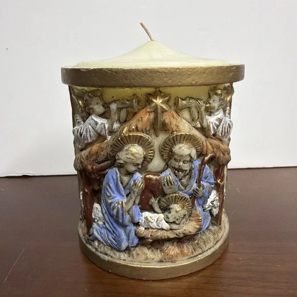 Vintage Lenox‎ Handpainted Nativity Candle Pillar Christmas Decor 1970 Gold Trim