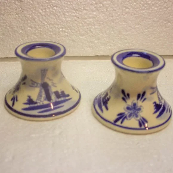 Set of 2 Blue and White Holland Windmill Candle Holders