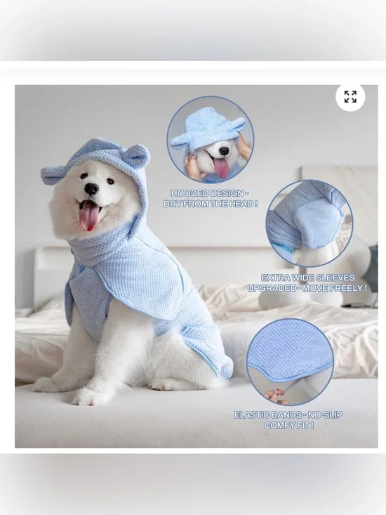 Plush Light Blue Hooded Dog Bathrobe with Bear Ears