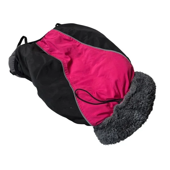 Pink Black Insulated Dog Winter Coat‎ Fleece Lined Faux Fur Collar Large  G1