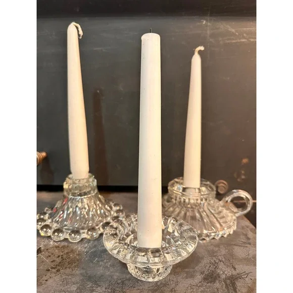 Vintage Mismatched Cottagecore Glass Taper Candle Holder Set Beaded Chamberstick