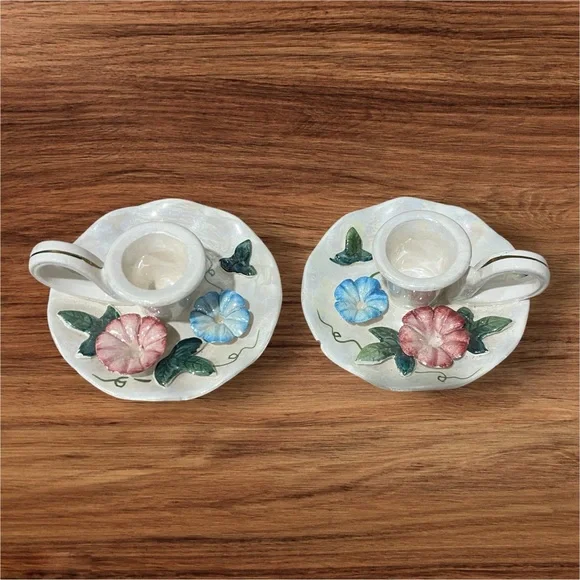 Vintage Porcelain Candle Holders Set Of 2 Flowers Shiny Cottage‎ Core