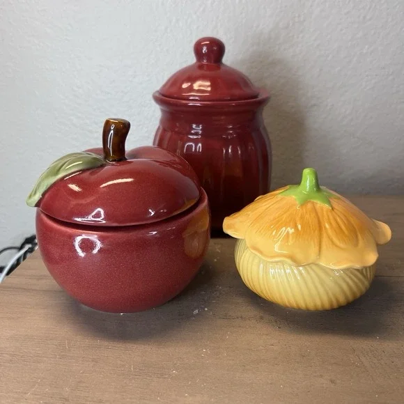 Vintage Ceramic Candle Jars Set of 3 Apple, Pumpkin Flower & Red‎ Canister READ