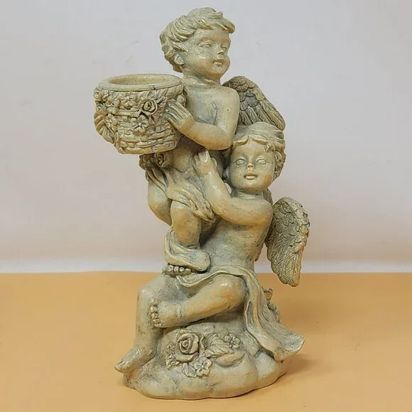 Vintage Cherubs‎ Holding Vase Figurine Decor Resin Angel Candleholder