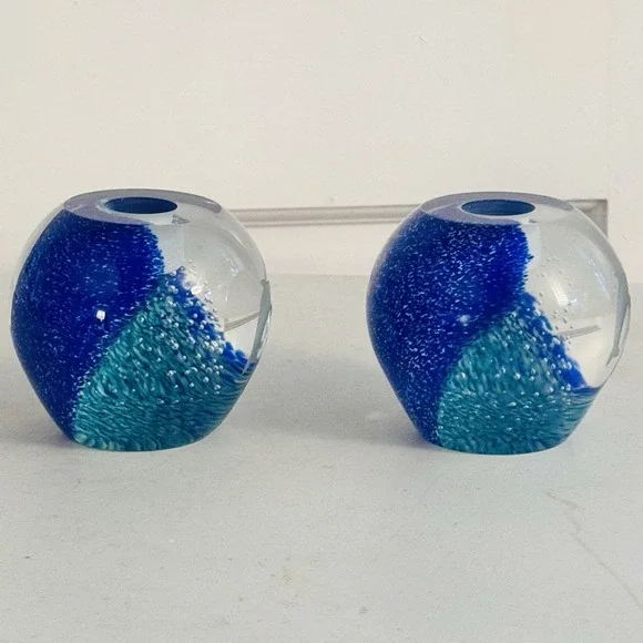 2 Lenox‎ Undersea Paradise Votive Crystal Blue Swirl Dolphin, Made in Scotland