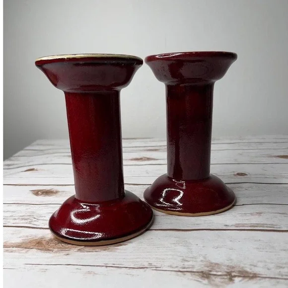 HausenWare Candlestick Holders Red Glossy Ceramic Pedestal Set of‎ 2 7.5in