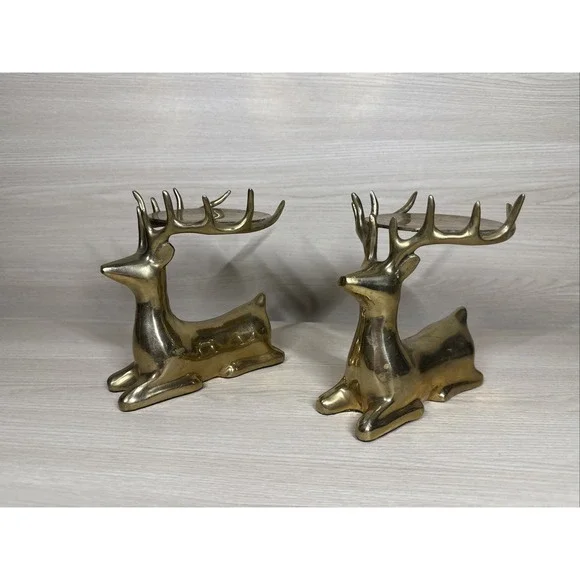 Vintage Brass Reindeer Column Pillar Candle Holders Set 2 Beautiful Heavy Glossy