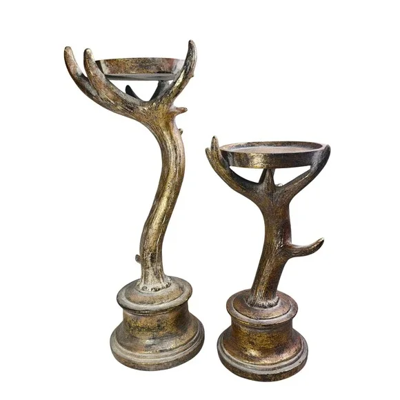 Rustic Faux Antler Candle‎ Holder Set Gold Bronze Distressed Lodge Decor 2 Piece