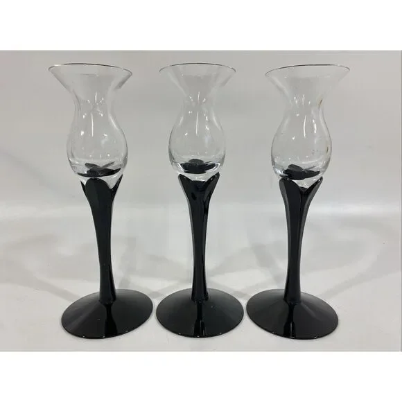 Fostoria Black‎ Ebony Lotus Candlesticks Set Of 3 7.5” Opaque Crystal