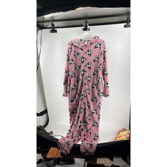 Women Pink French Bulldog Hooded Fleece Pajama Union‎ Suit Sz M