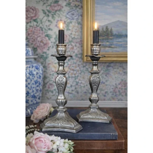 Vintage Ornate Metal Candlestick Holders Pair 9.5
