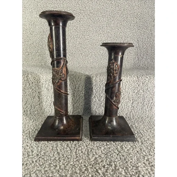 vintage Traditional Italian Bronze Grapevine Mantle Candlestick Holders - a Pair