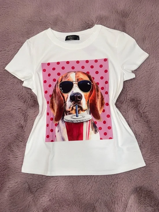 White Dog Graphic Tee with Pink Polka Dot Print