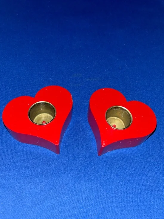 Vintage Made In Sweden Painted Red Heart Wood Candle Holders Folk Art 2 MCM