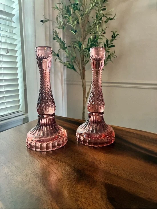Vintage Pink Pressed Glass Diamond Point Candlestick Holders